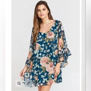 Show Me Your Mumu Teal Floral Bell Sleeve Dress